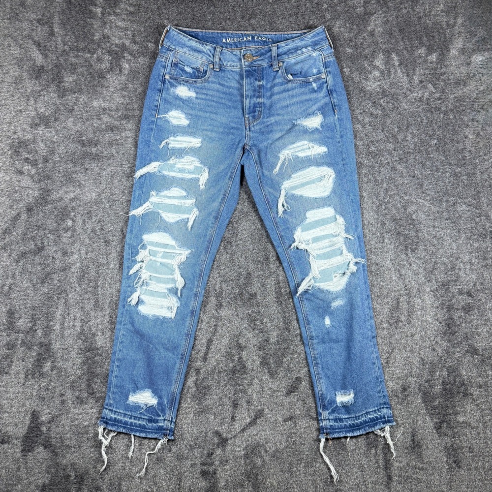 American Eagle Mom Jeans Womens 2 Short Blue Distressed High Rise Raw Hem Denim